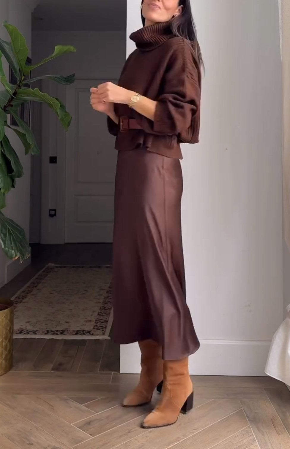 Brown Turtleneck Cable Knit Sweater & Satin Midi Skirt Two Piece Set