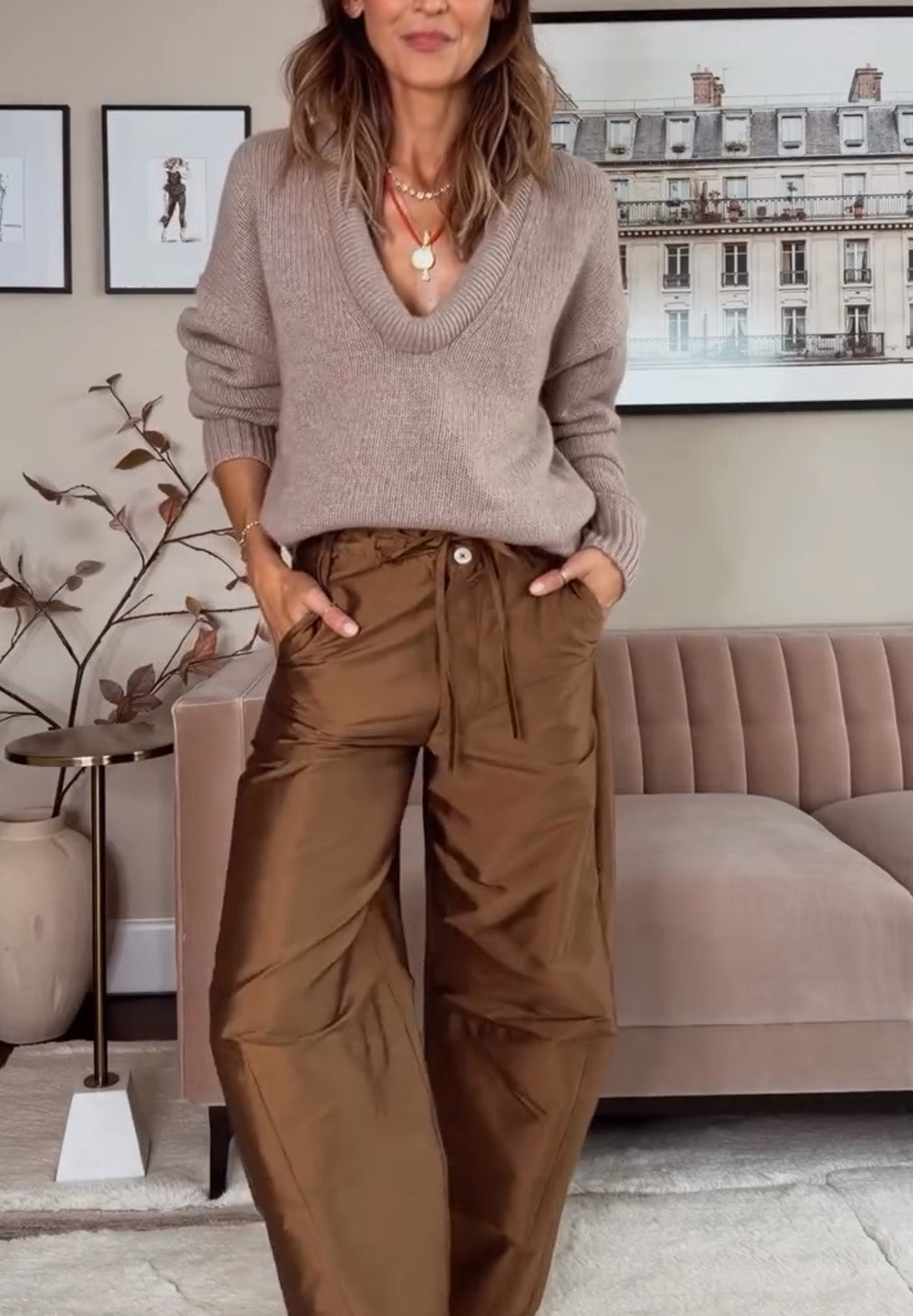 Oat Deep V Neck Oversized Knit Sweater & Brown Satin Wide Leg Pants Two Piece Set