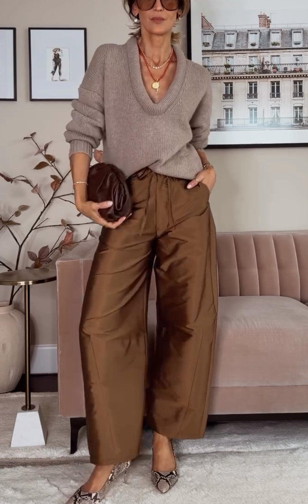 Oat Deep V Neck Oversized Knit Sweater & Brown Satin Wide Leg Pants Two Piece Set