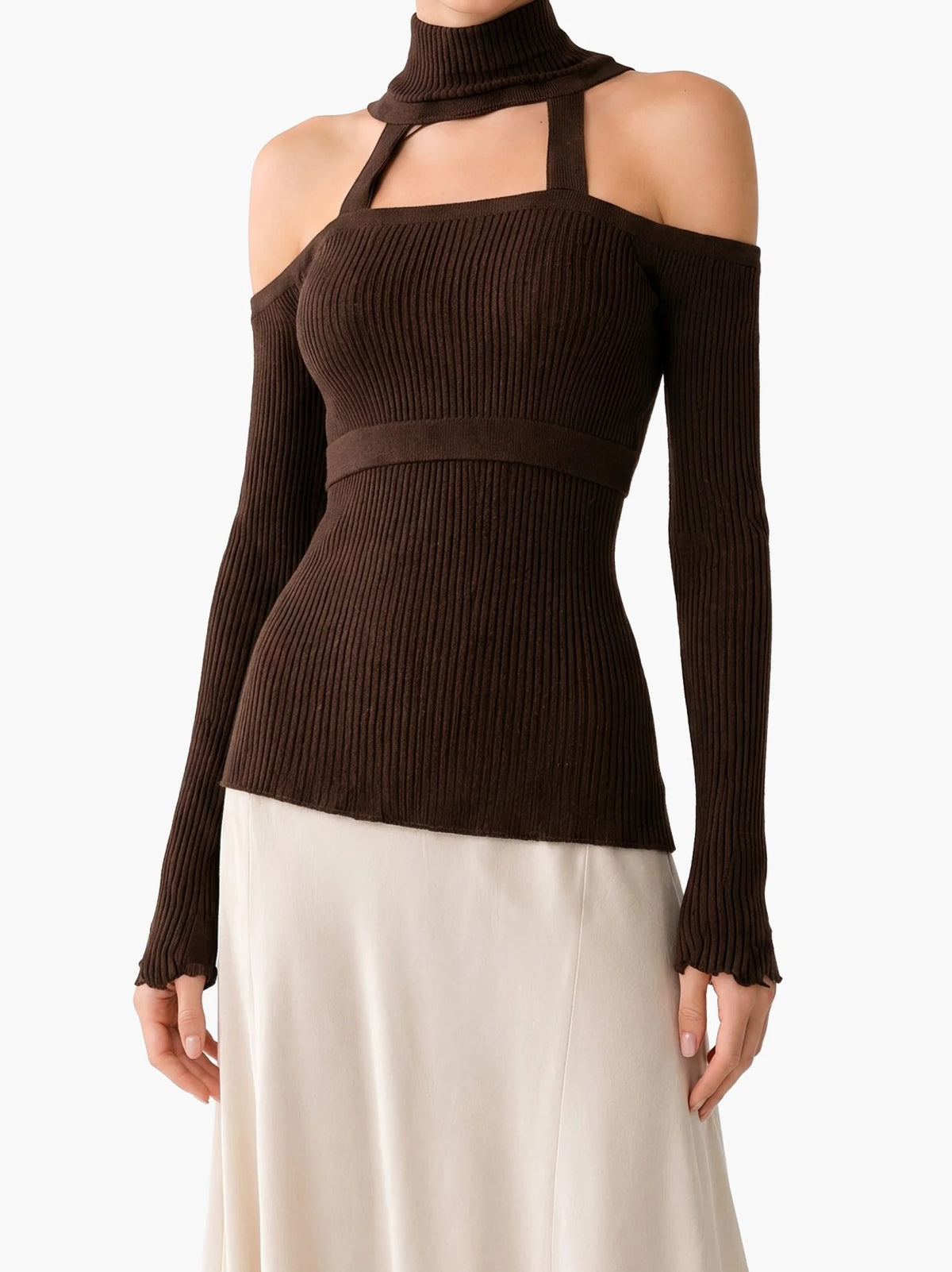 Brown Cutout Turtleneck Knit Top & Ivory Flowy Maxi Skirt Two Piece Set