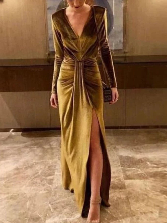 Gold Velvet V Neck Long Sleeve Slit Maxi Evening Dress