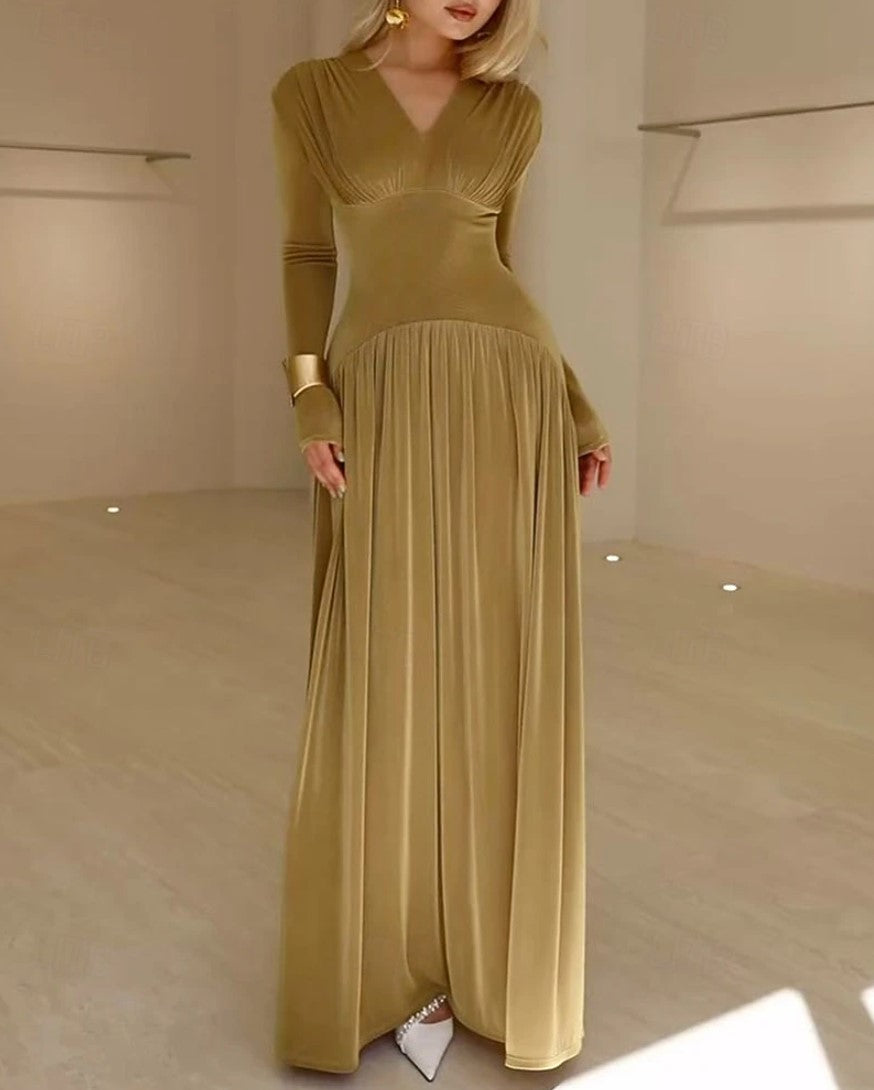 Elegantes Maxikleid für besondere Anlässe in Olivgrün und Gold mit V-Ausschnitt, langen Ärmeln und Falten