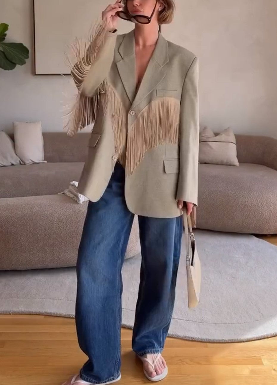 Khaki Oversized Lapel Fringe Detail Blazer Jacket