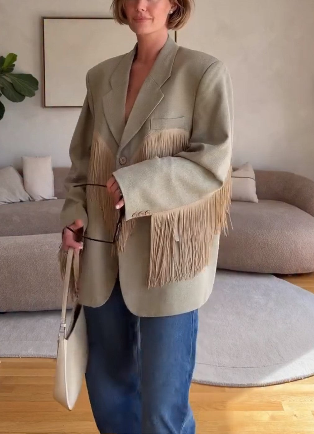 Khaki Oversized Lapel Fringe Detail Blazer Jacket