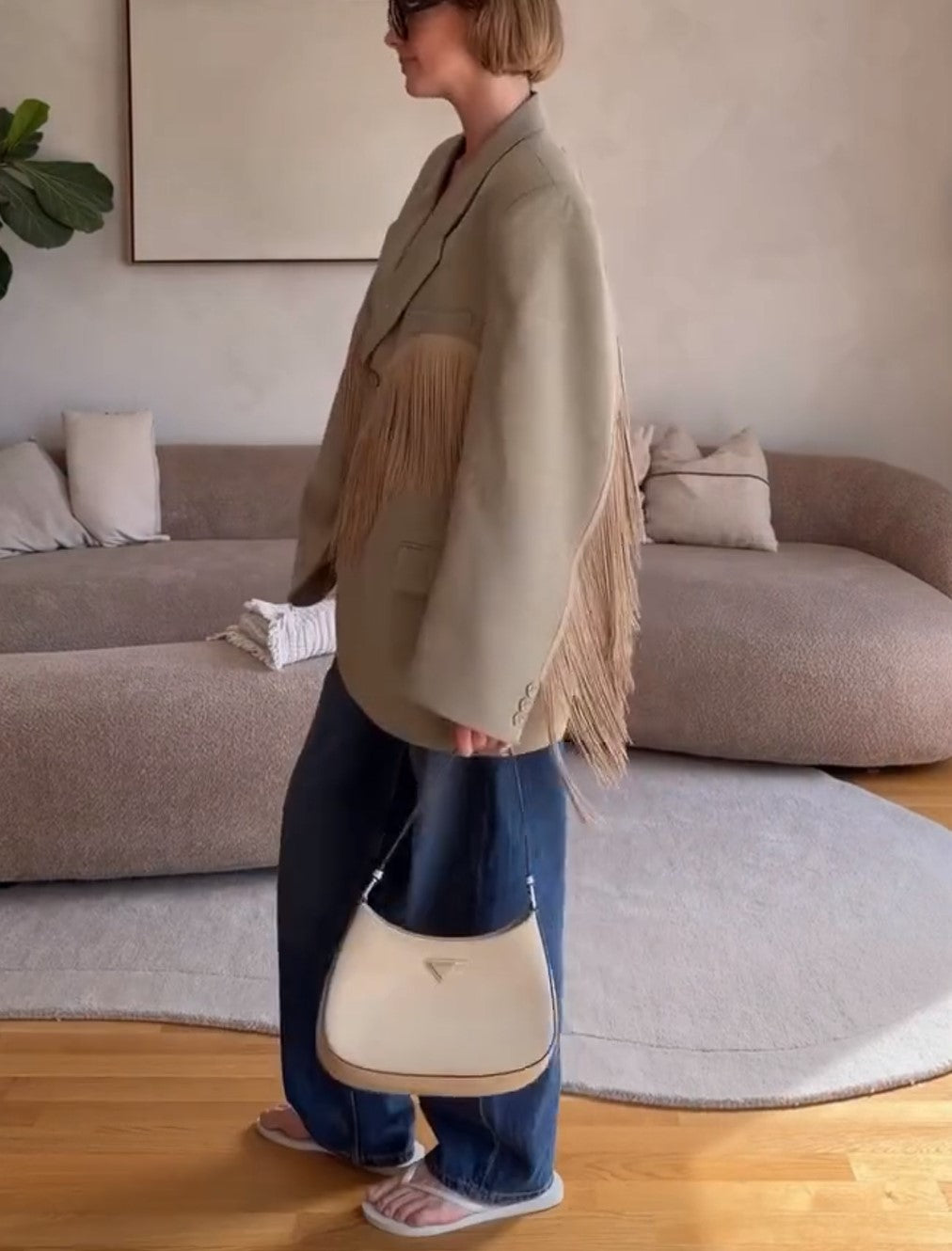 Khaki Oversized Lapel Fringe Detail Blazer Jacket