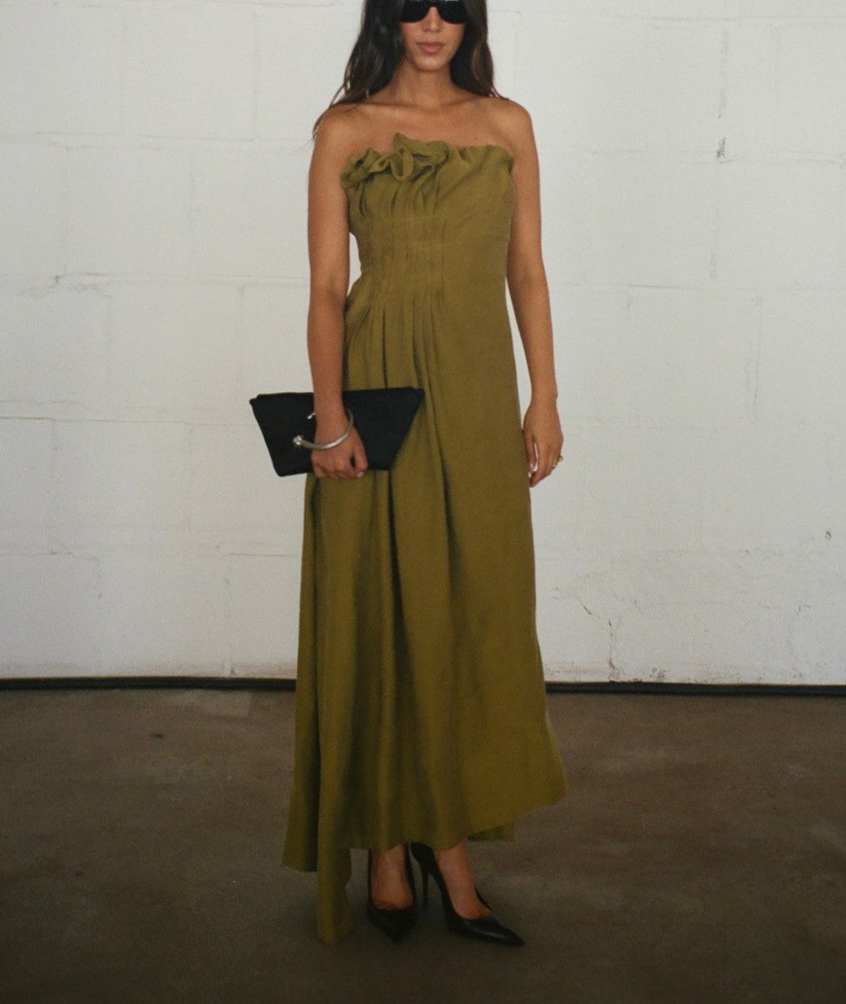 Strapless Ruffle Midi Dress Olive Green