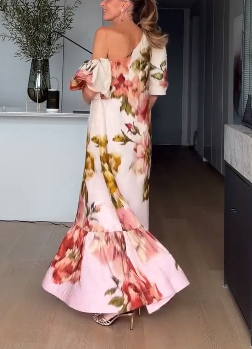 Vestido maxi com estampado floral e um ombro só