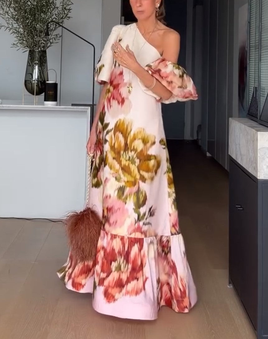 One Shoulder Floral Print Maxi Dress