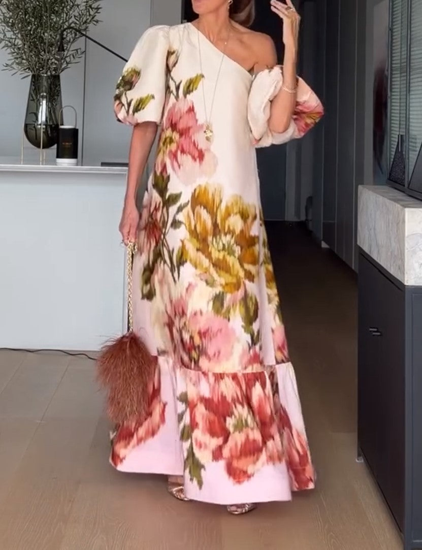 One Shoulder Floral Print Maxi Dress