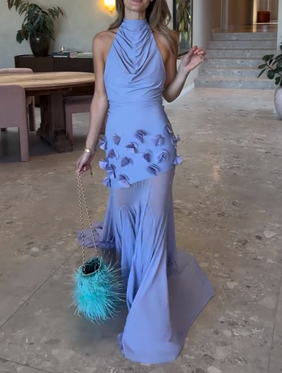Halter Draped 3D Flower Mermaid Maxi Dress