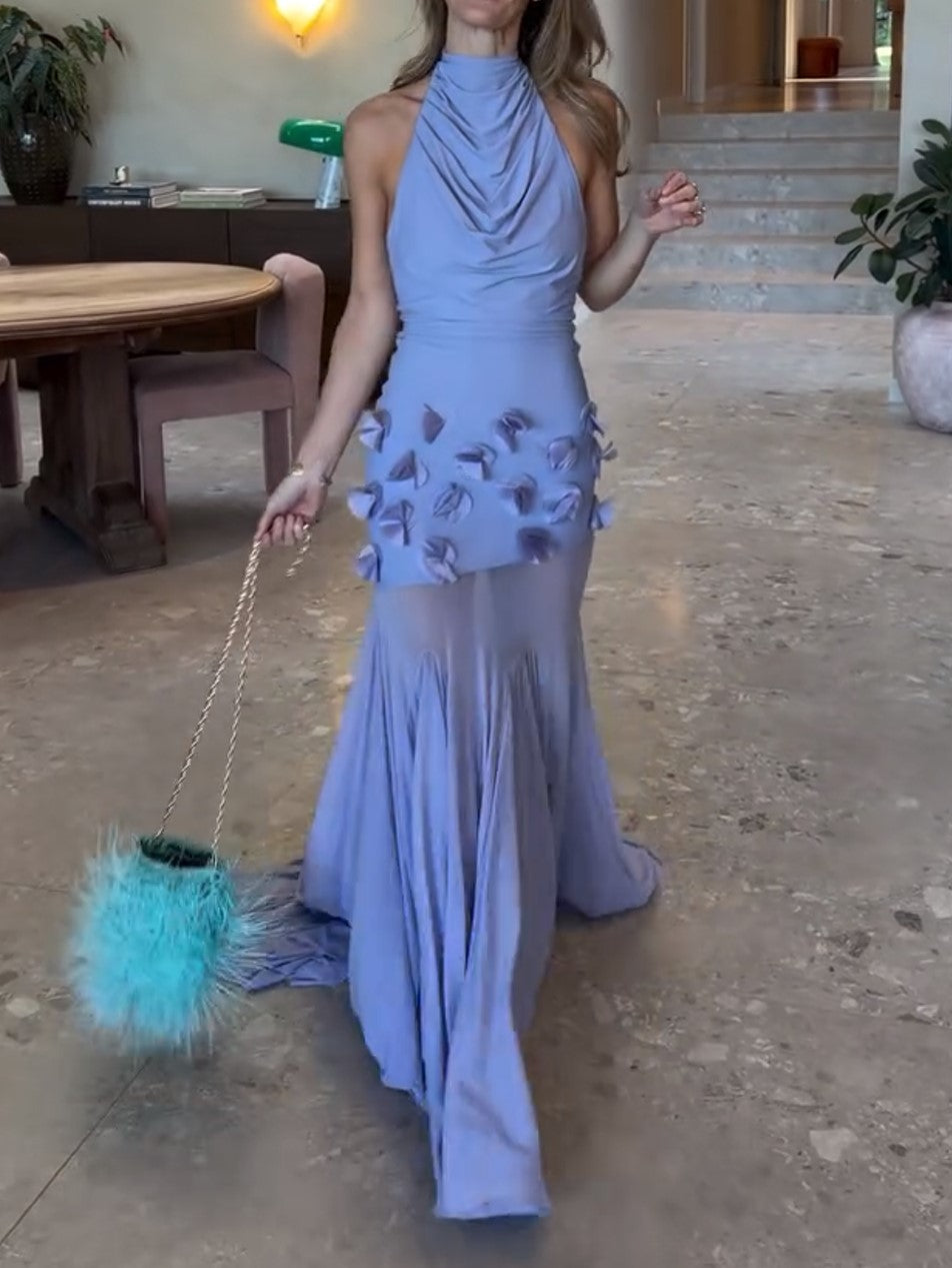 Halter Draped 3D Flower Mermaid Maxi Dress
