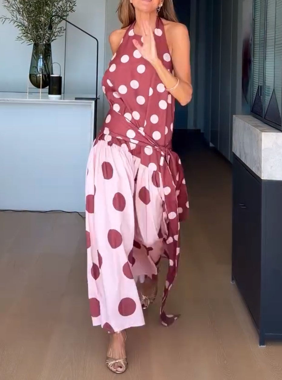 Maxikleid mit Neckholder, Polka-Dots und Color-Blocking