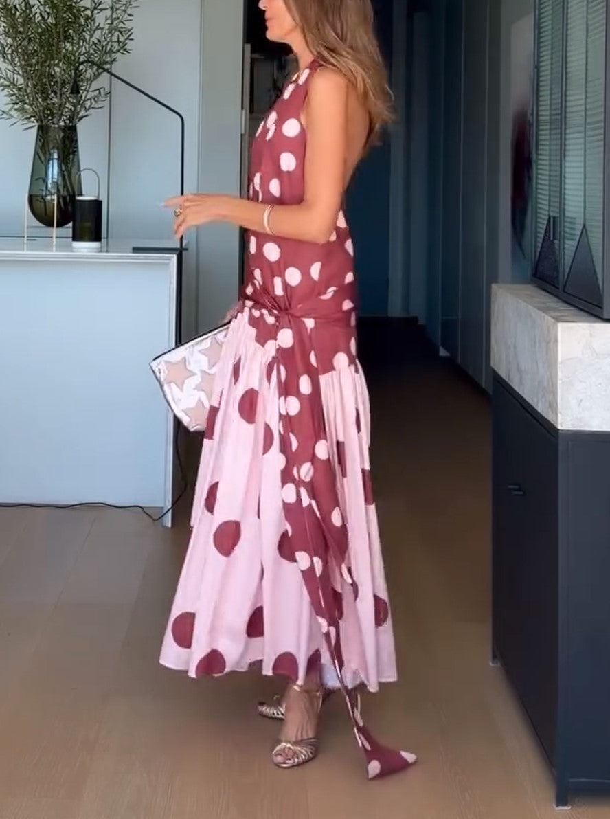 Maxikleid mit Neckholder, Polka-Dots und Color-Blocking