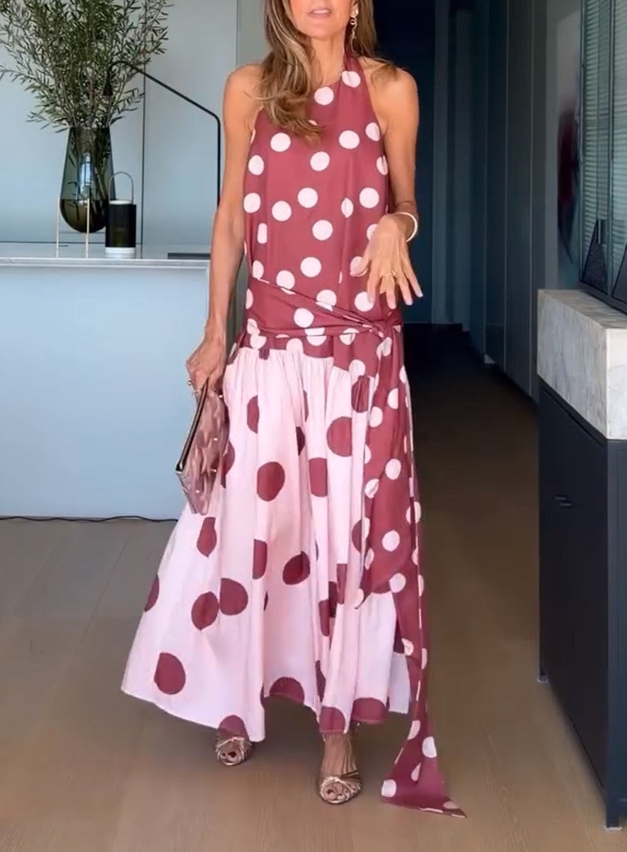 Halter Polka Dot Color Block Maxi Dress