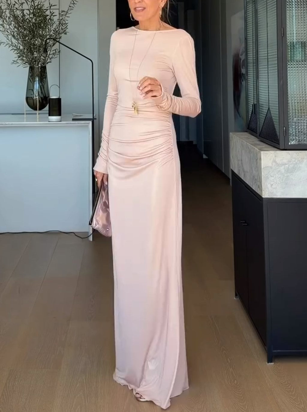 Long Sleeve Ruched Maxi Dress Dusty Pink