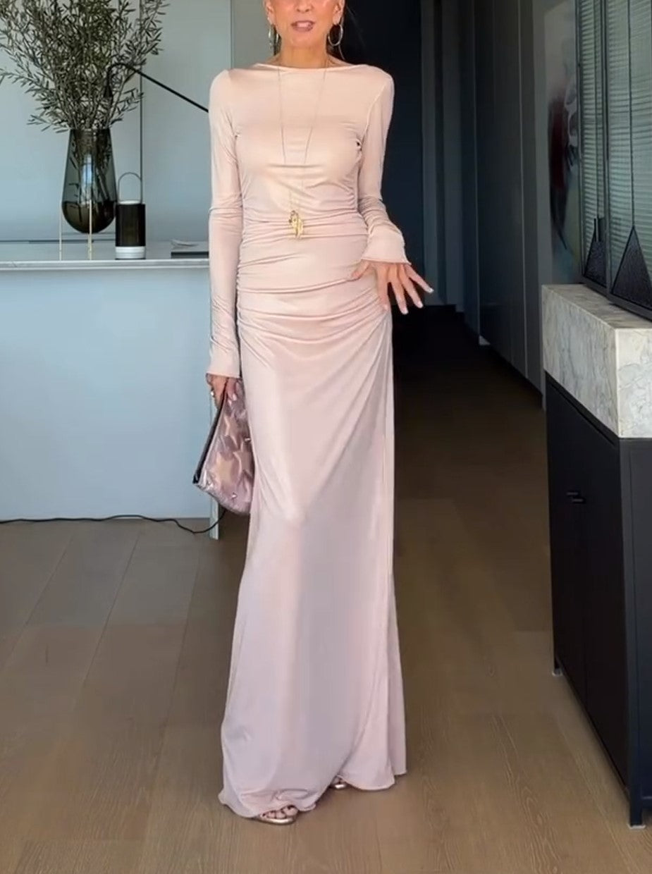 Long Sleeve Ruched Maxi Dress Dusty Pink