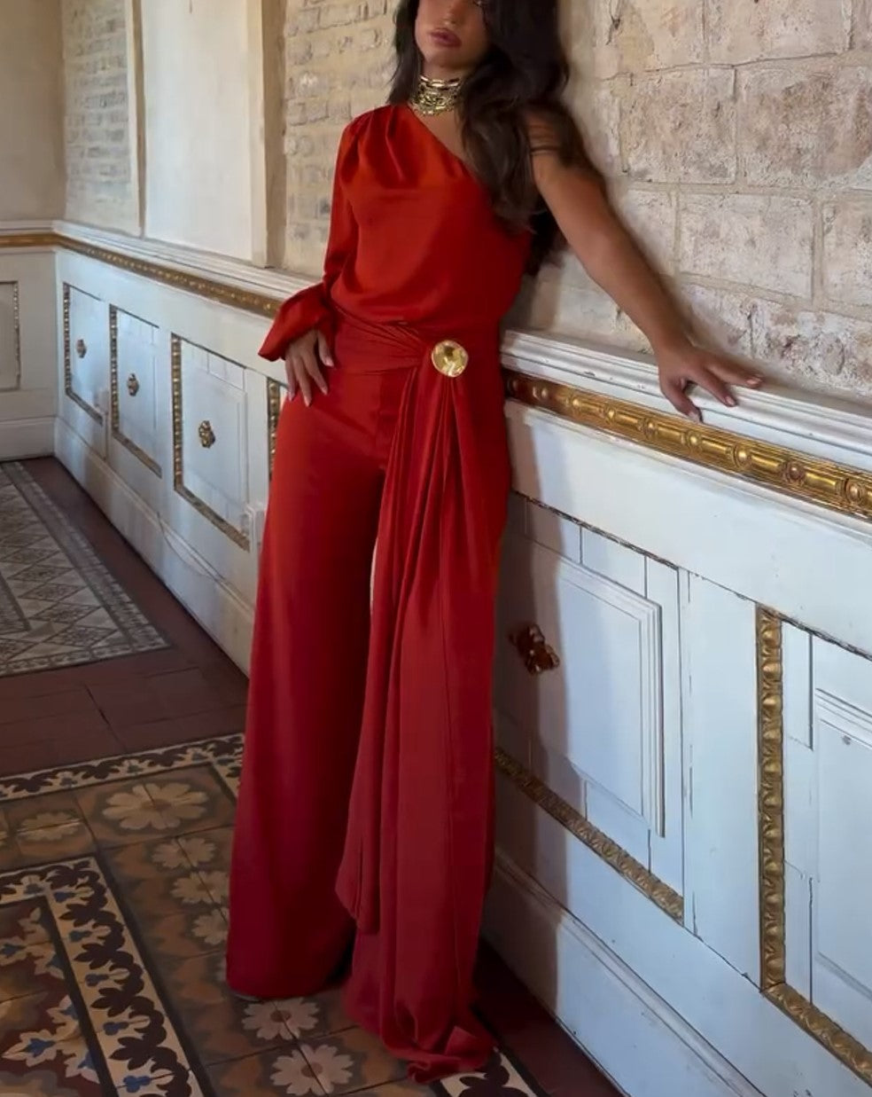 One Shoulder Satin Wide Leg Pants Set Red