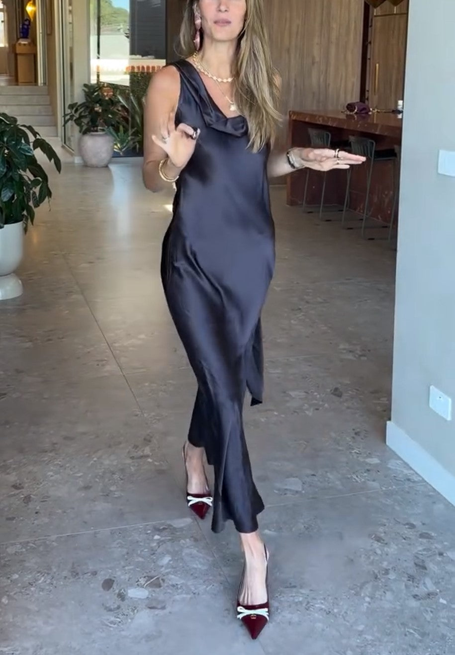Cowl Neck Sleeveless Satin Slip Maxi Dress Black
