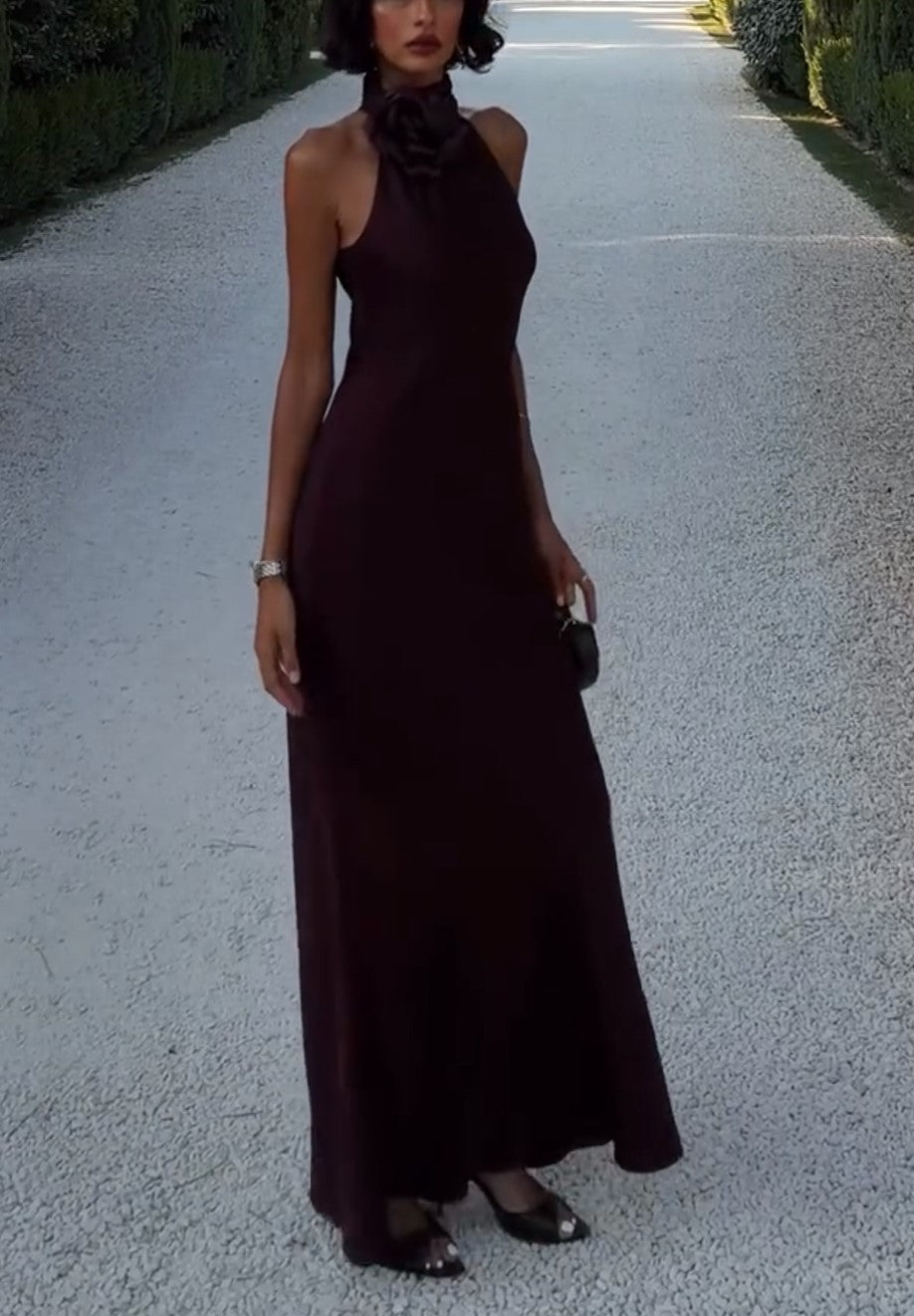 Halter 3D Flower Satin Mermaid Maxi Dress Burgundy