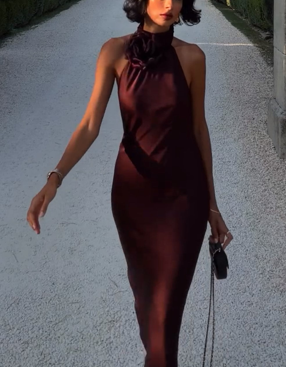 Halter 3D Flower Satin Mermaid Maxi Dress Burgundy