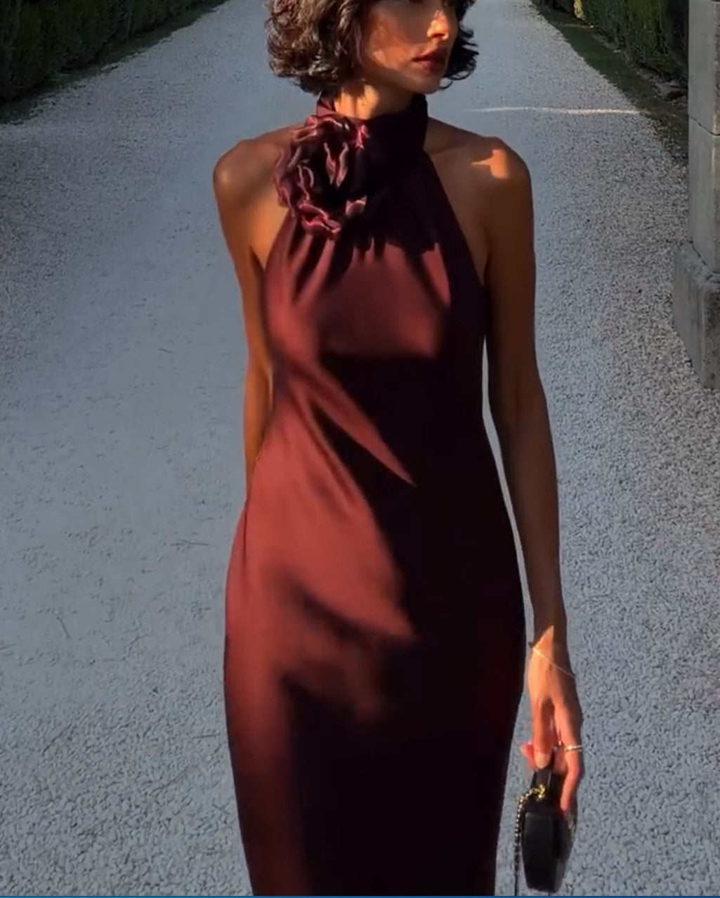 Halter 3D Flower Satin Mermaid Maxi Dress Burgundy