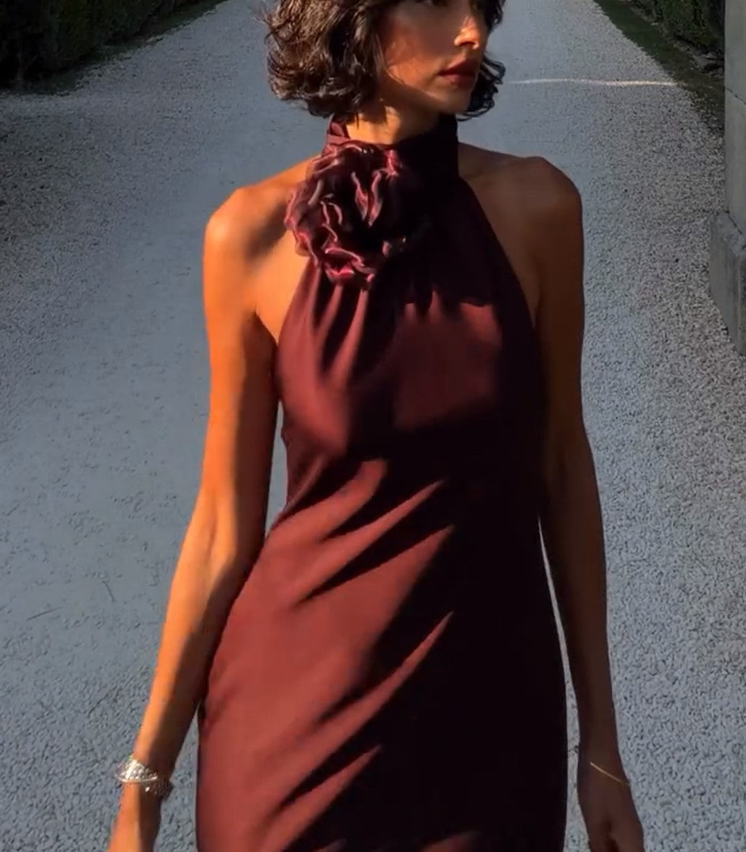 Halter 3D Flower Satin Mermaid Maxi Dress Burgundy