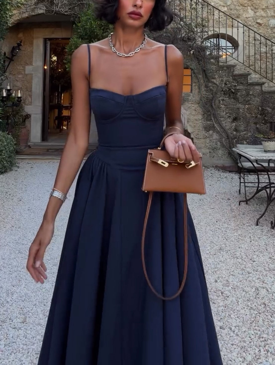 Spaghetti Strap Bustier Flare Midi Dress Navy Blue