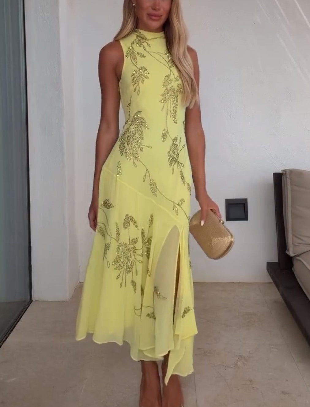 Yellow Gold Sequin Floral Midi Dress Sleeveless High Neck Slit Party Dress