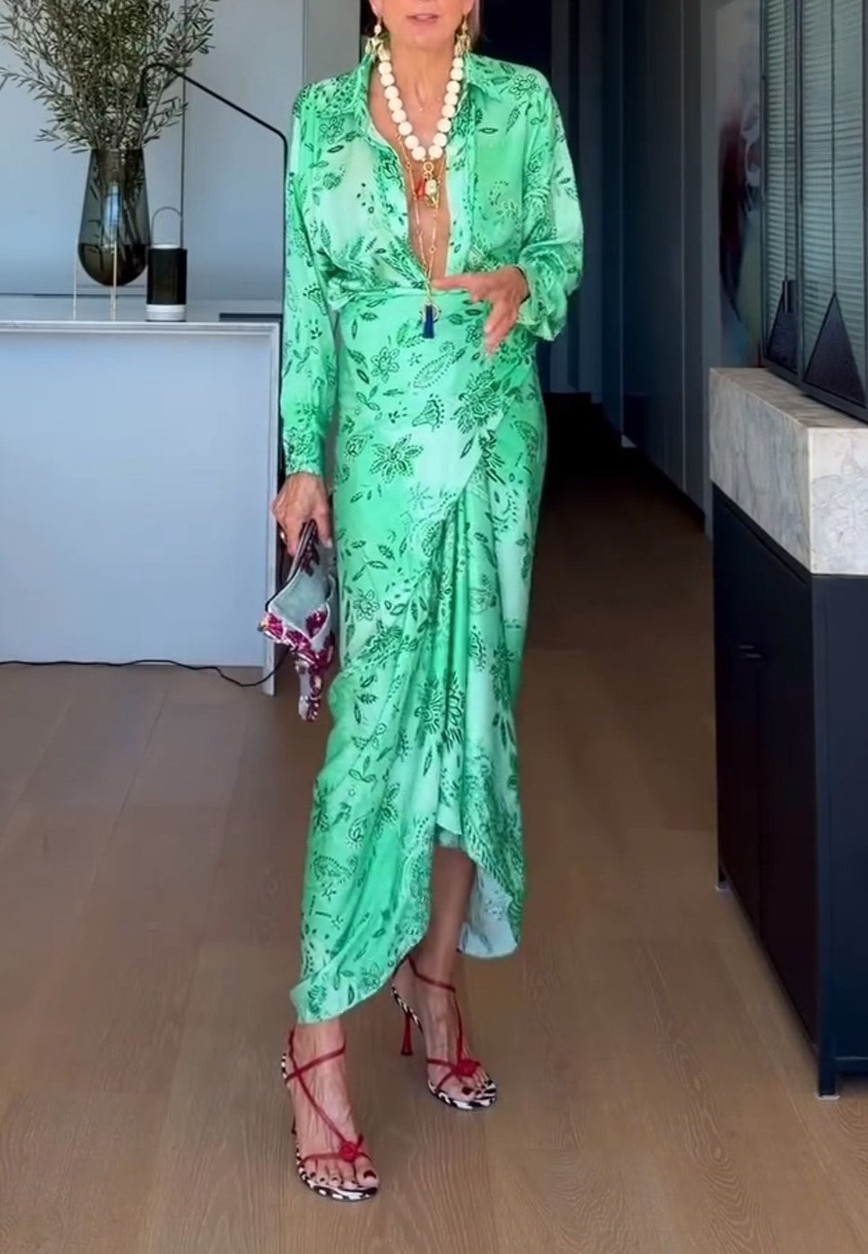 Green Floral Print Wrap Midi Shirt Dress Long Sleeve Vacation Dress
