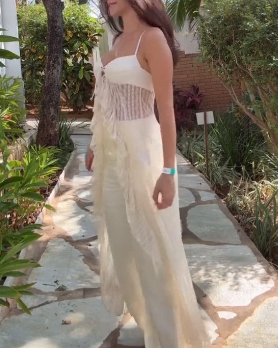 Completo boho color crema due pezzi con top in pizzo a spalline sottili e pantaloni a gamba larga