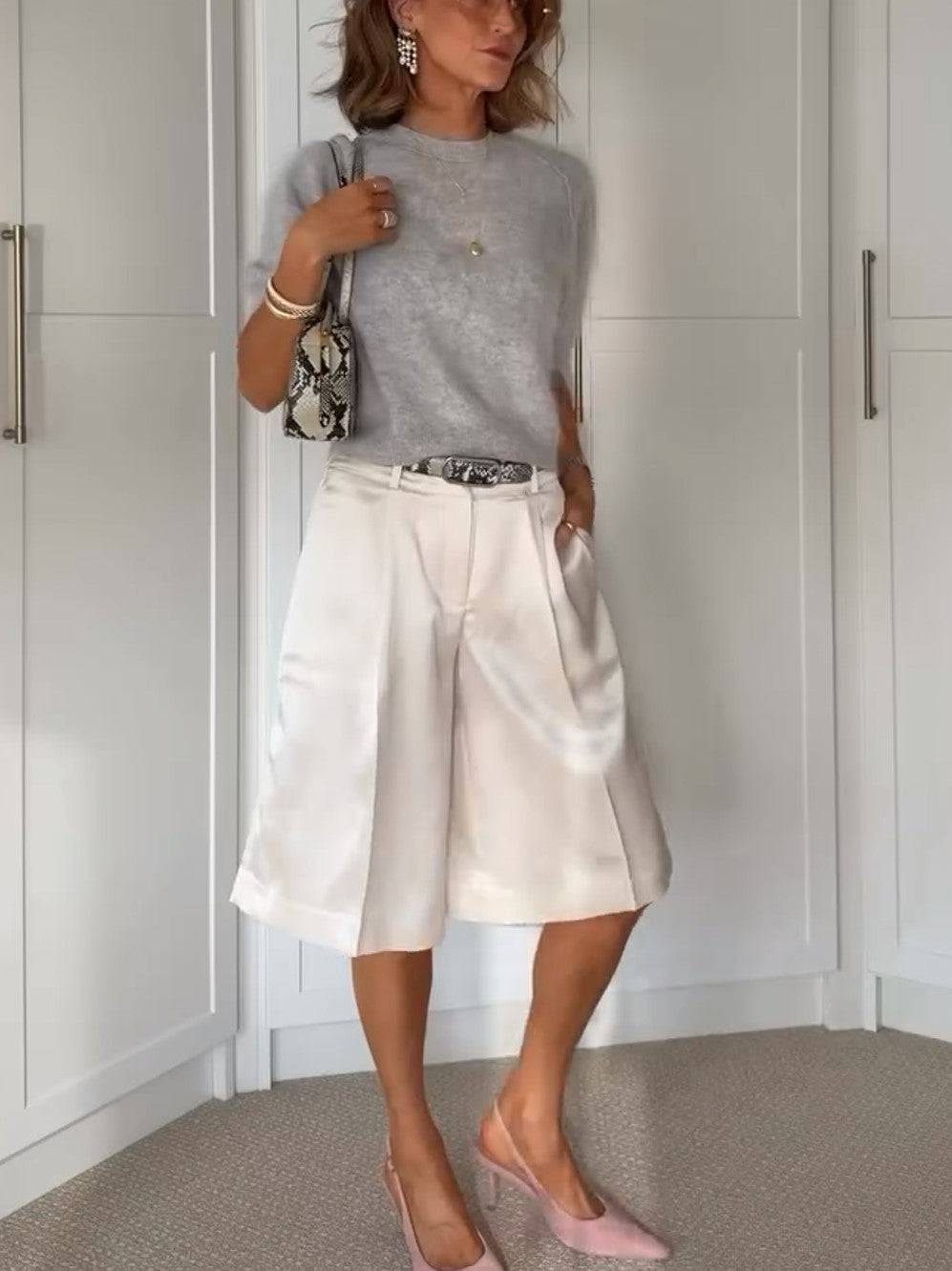 Grey Raglan Sleeve Knit Top & White Satin Culottes Two Piece Outfit