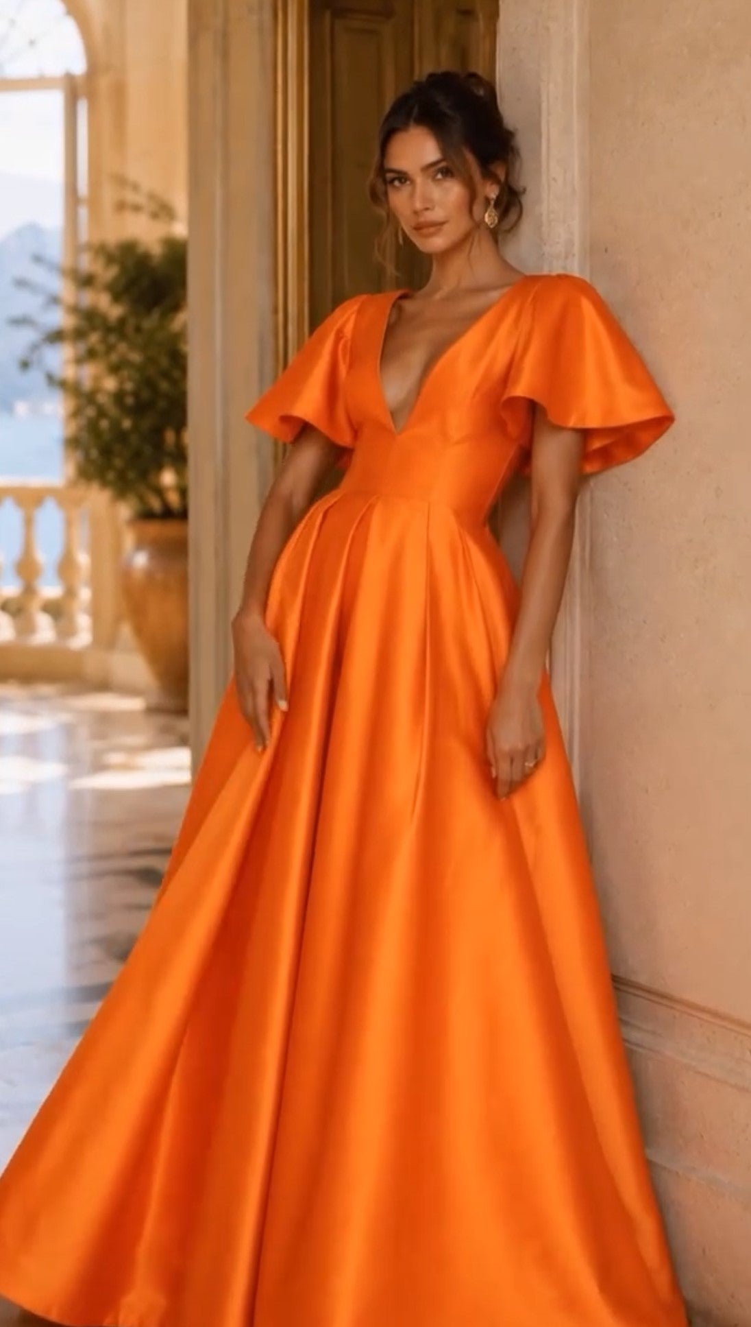 Orange Satin Deep V Flutter Sleeve Ball Gown Formal Maxi Dress