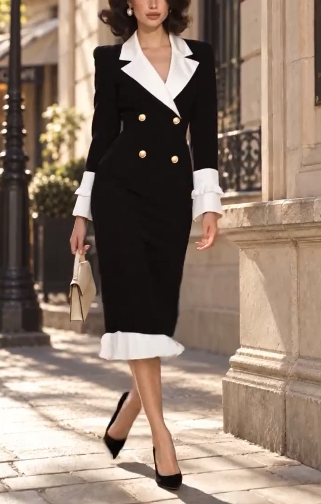 Black White Contrast Blazer Midi Dress Double Breasted Ruffle Bodycon Dress