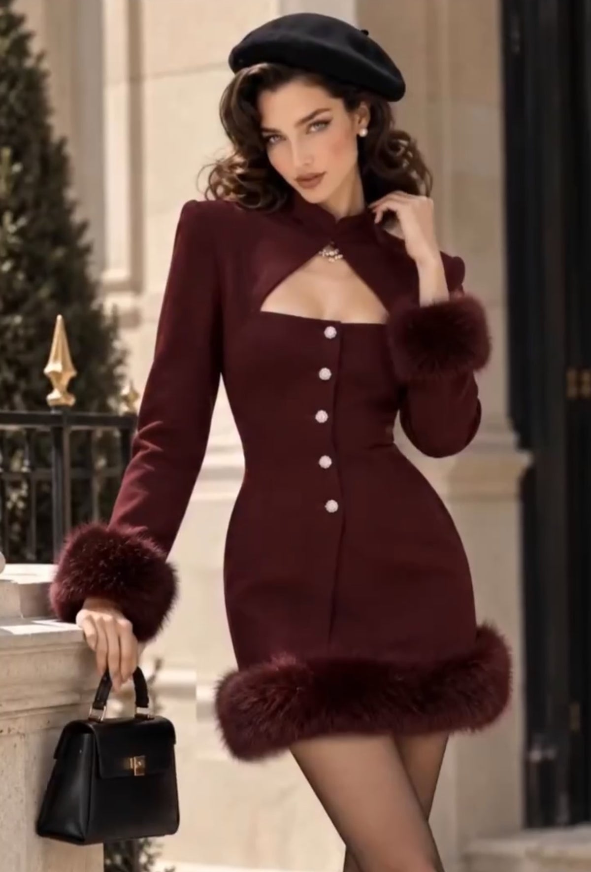 Burgundy Cutout Fur Trim Mini Dress Long Sleeve Bodycon Party Dress