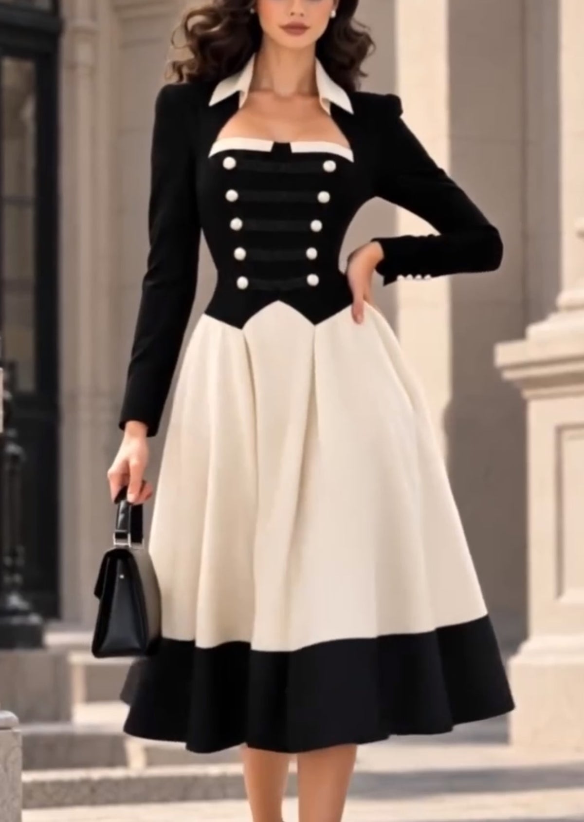 Robe midi noir et blanc à manches longues, corsetée, avec jupe évasée, pour les fêtes
