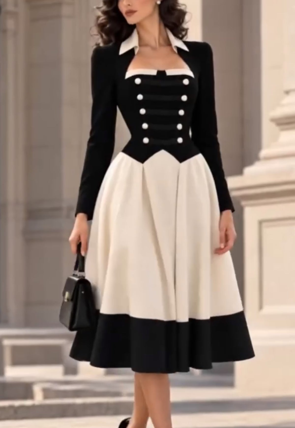 Black White Contrast Long Sleeve Midi Dress Corset Style Flared Skirt Party Dress