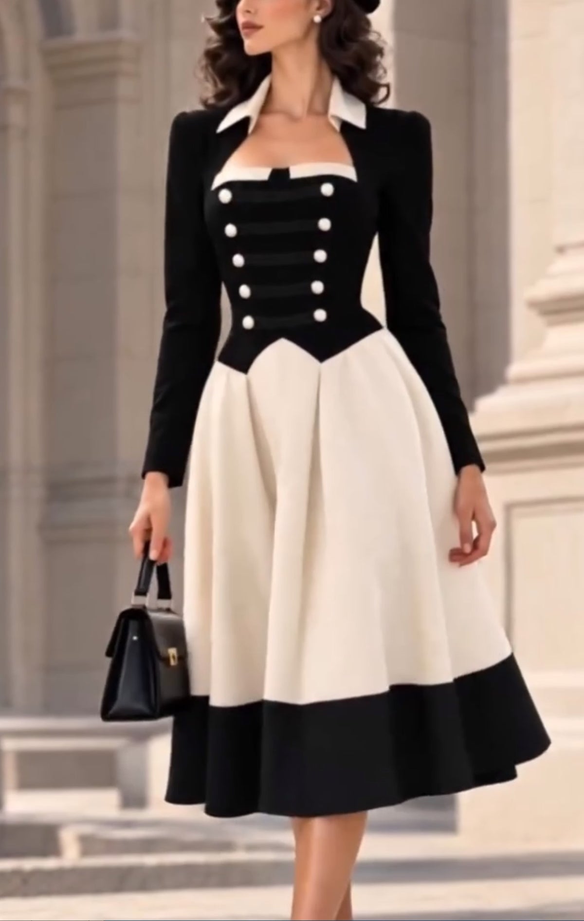 Black White Contrast Long Sleeve Midi Dress Corset Style Flared Skirt Party Dress