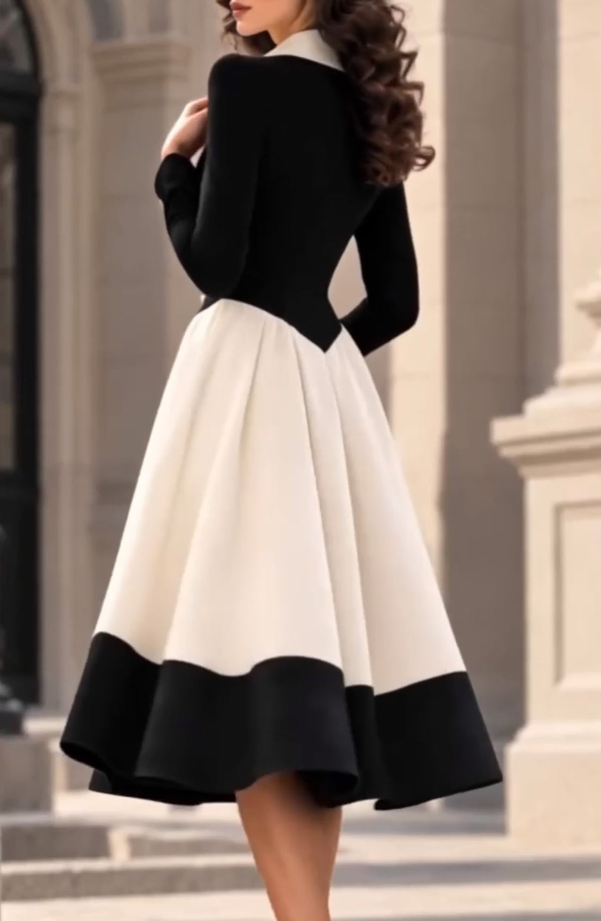 Robe midi noir et blanc à manches longues, corsetée, avec jupe évasée, pour les fêtes