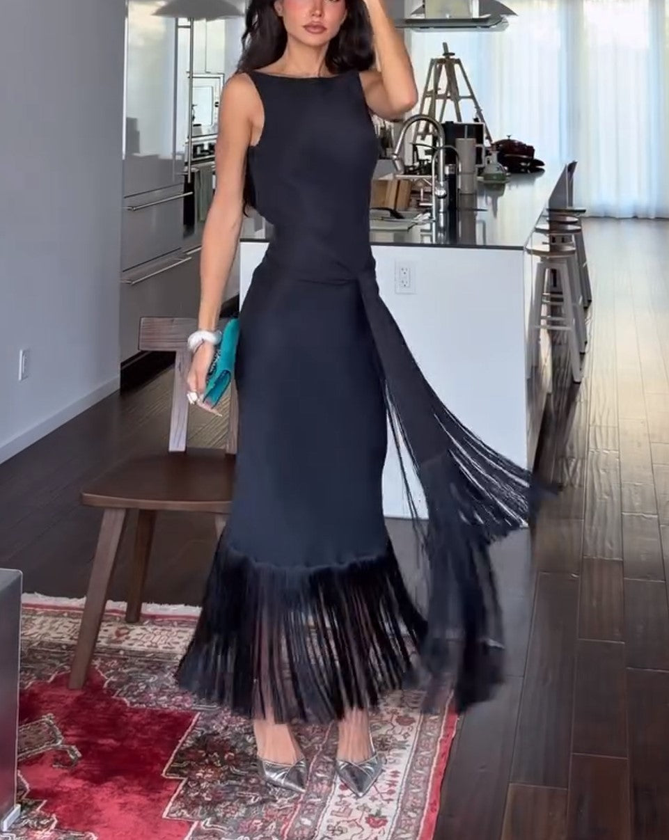 Sleeveless Boat Neck Fringe Midi Skirt Set