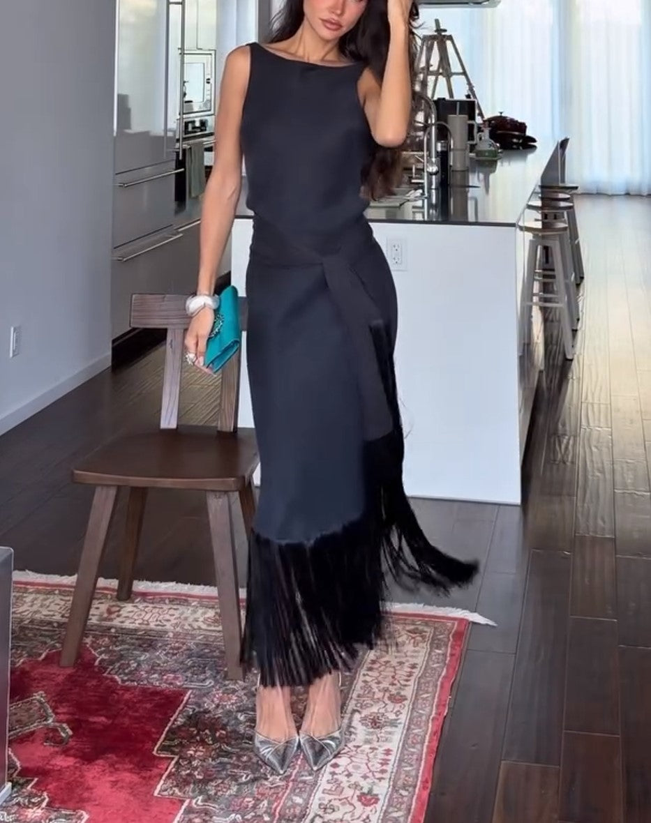 Sleeveless Boat Neck Fringe Midi Skirt Set