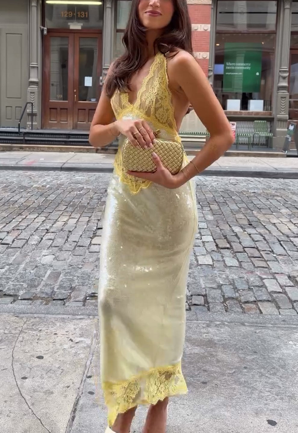 Halter V-Neck Lace Sequin Midi Dress