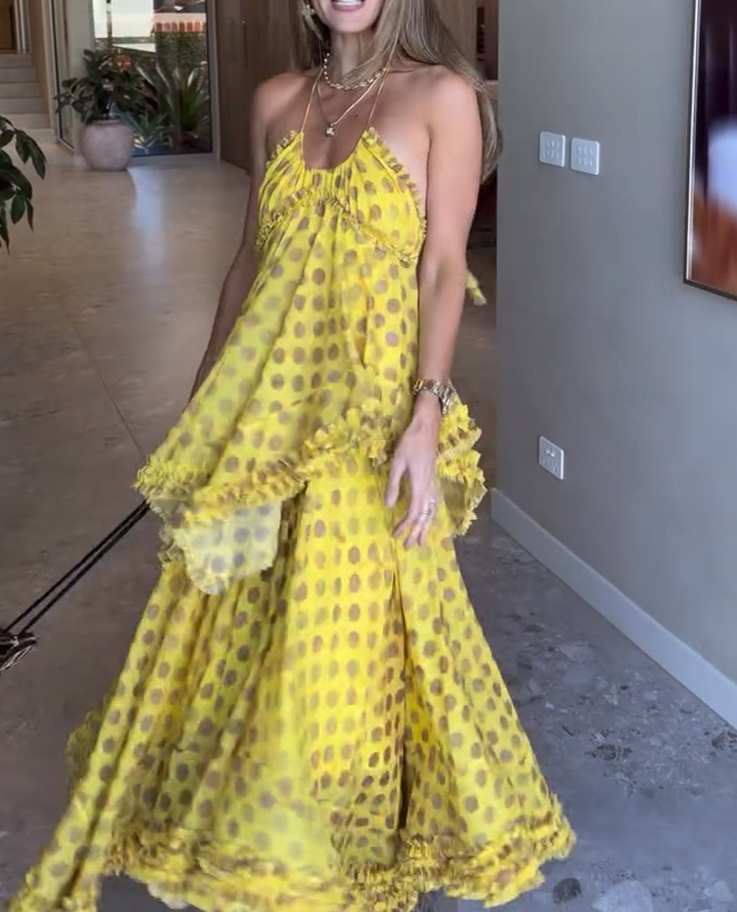 Halter Polka Dot Tiered Ruffle Maxi Dress