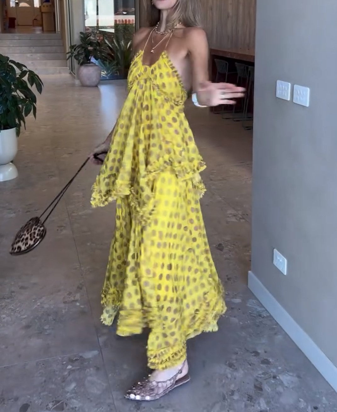 Halter Polka Dot Tiered Ruffle Maxi Dress