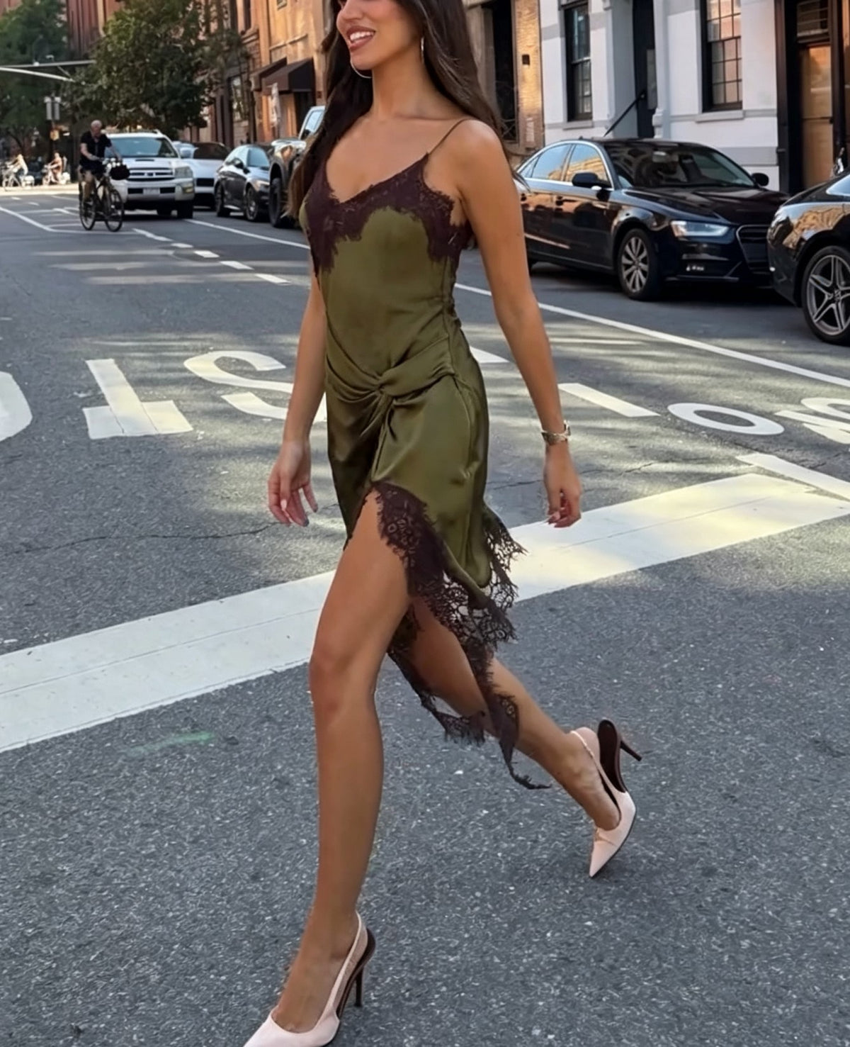 Spaghetti Strap Lace Trim Satin Knot Mini Dress