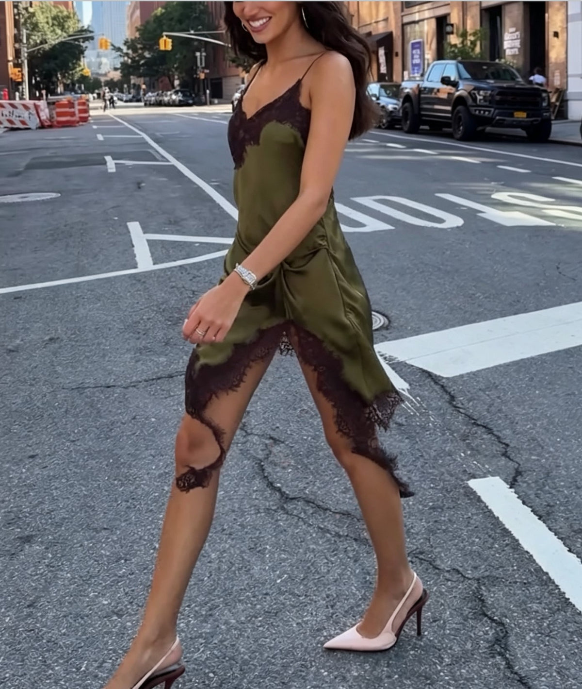 Spaghetti Strap Lace Trim Satin Knot Mini Dress