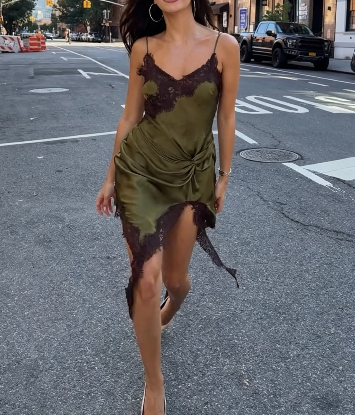 Spaghetti Strap Lace Trim Satin Knot Mini Dress