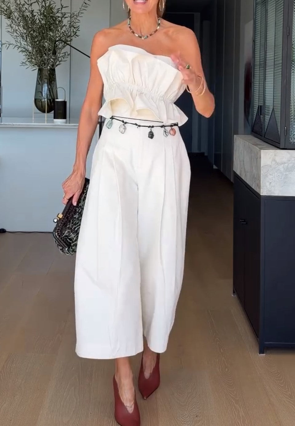 Strapless Ruffle Crop Top & Pleated Midi Culotte Set