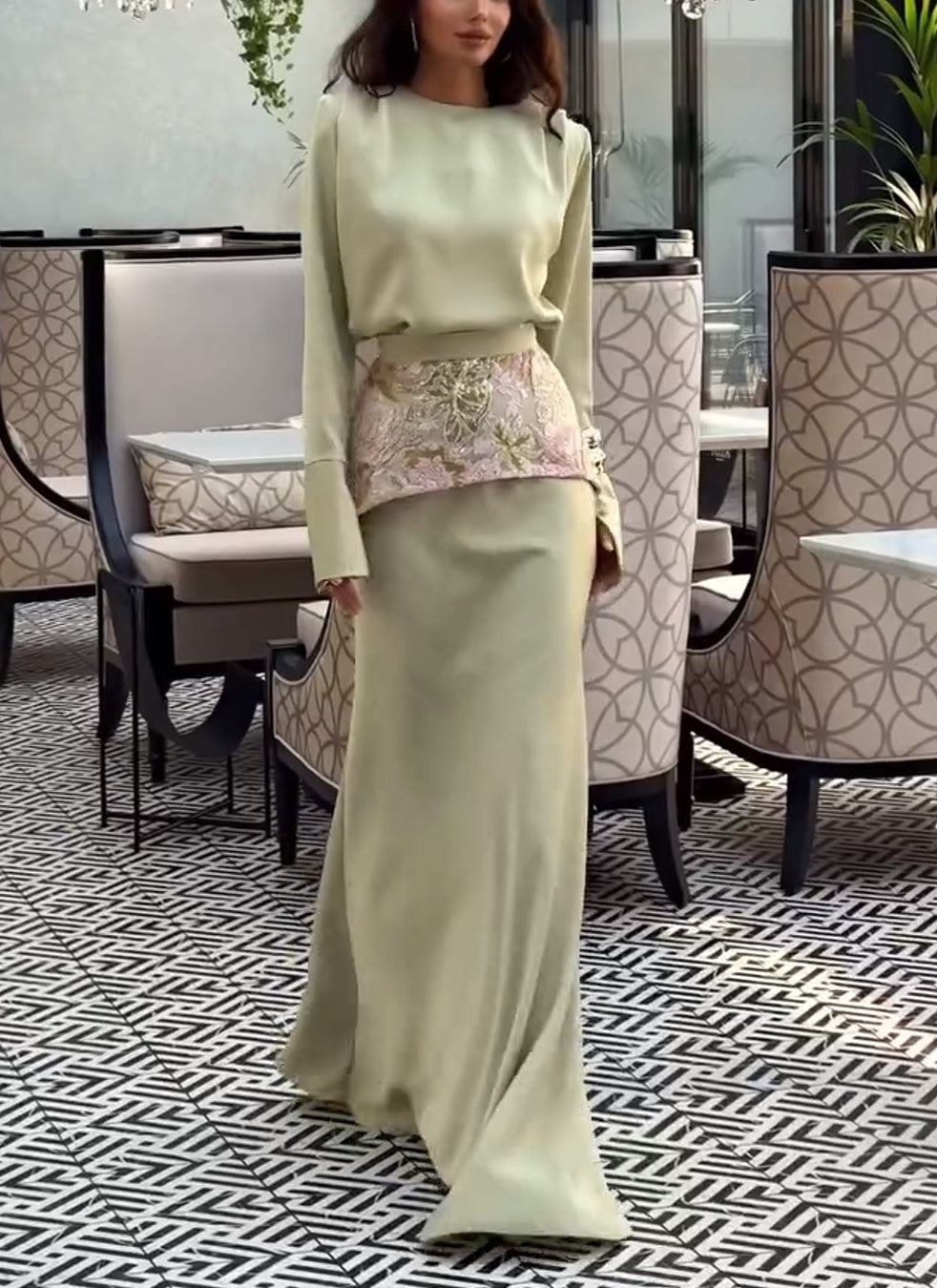 Long Sleeve Embroidered Waist Satin Maxi Skirt Set
