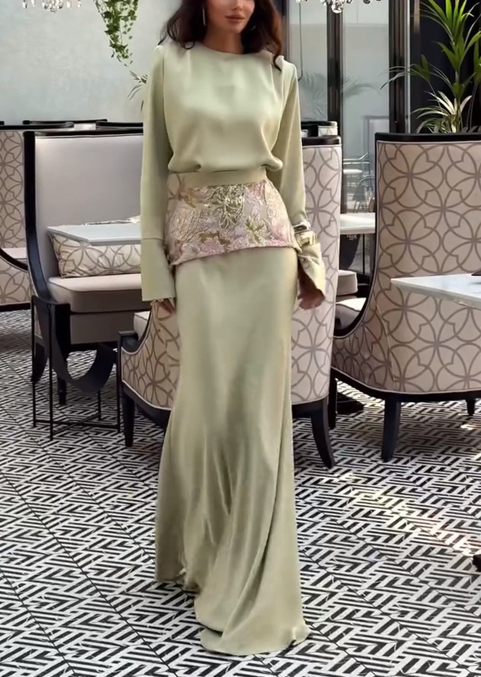 Long Sleeve Embroidered Waist Satin Maxi Skirt Set