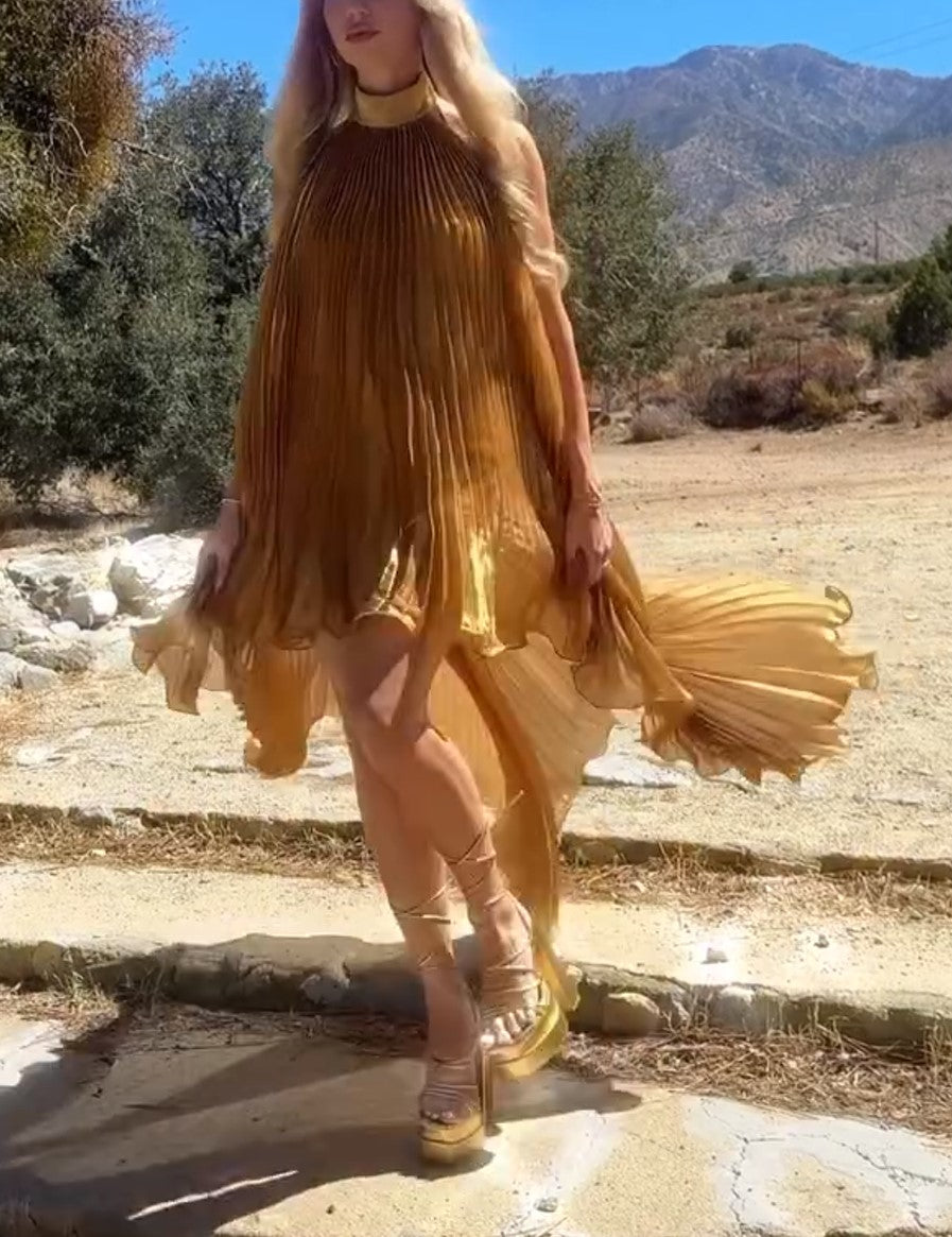 Gold Halter Pleated High Low Maxi Dress Sleeveless Flowy Party Gown